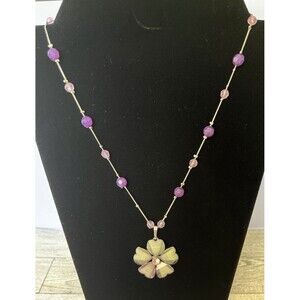 Delicate Dainty Purple Acrylic Flower Pendant Necklace Beaded Silver Tone